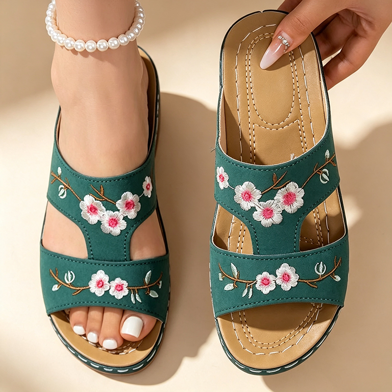 Women's Floral Embroidered Wedge Mules