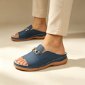 Women's open-toe wedge slides with metallic embellishment