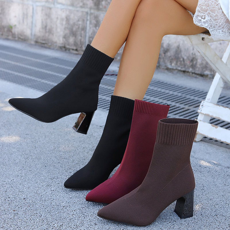 Women's Pointed-Toe Knitted Sock Ankle Boots