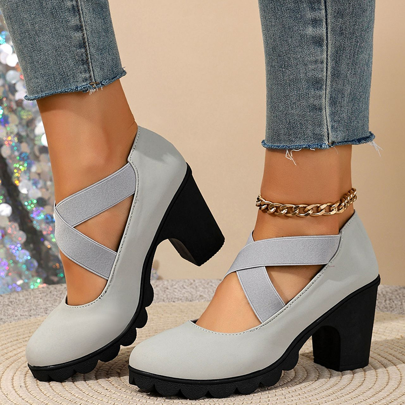 Women's Block-Heel Shoes with Crisscross Elastic Straps