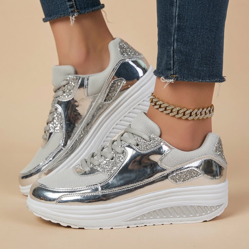 Women's gold sequined wedge platform sneakers