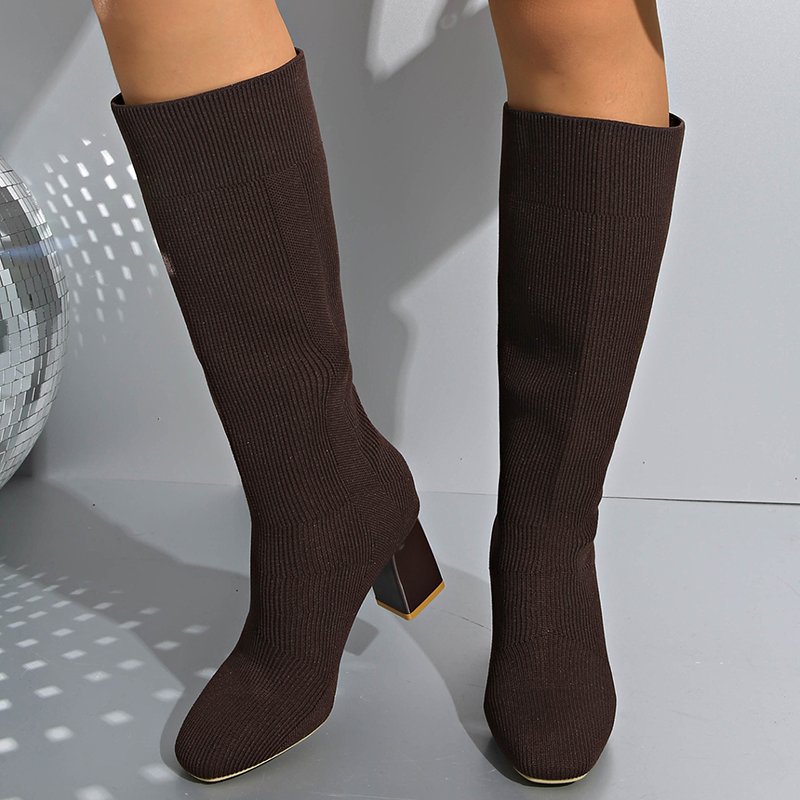 Women's Stretch Knit High-Shaft Sock Boots with Square Block Heels