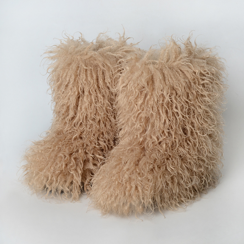 Women's fluffy curly-fur mid-calf boots