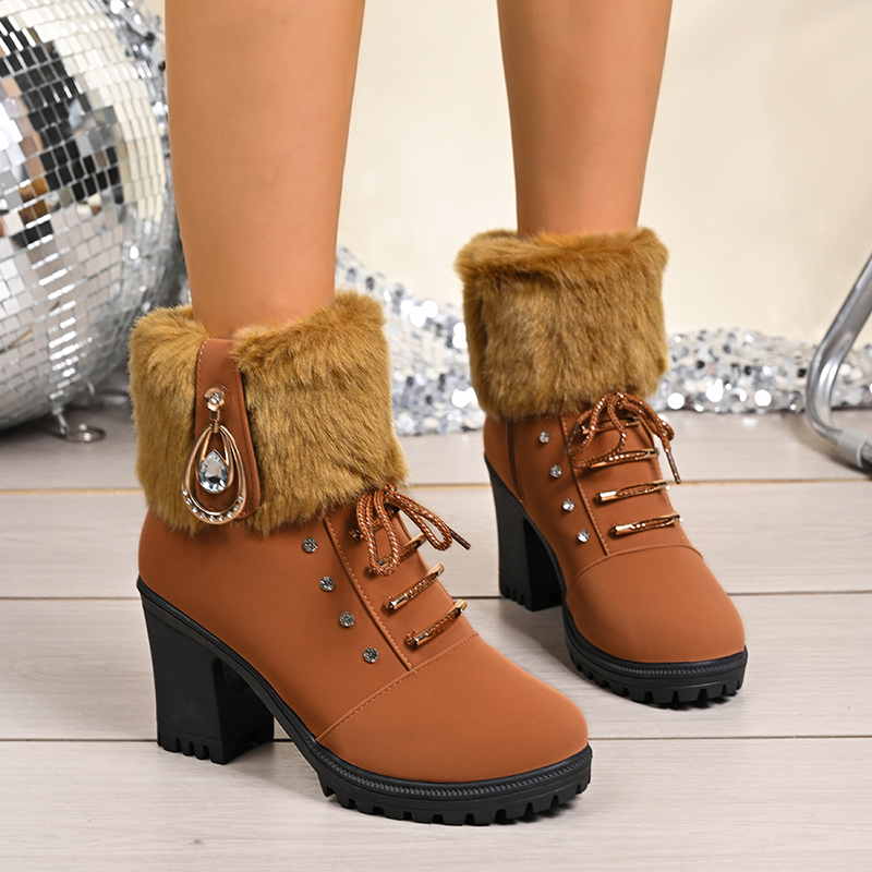 Women's Warm Rhinestone Block-Heel Boots with Side Zipper