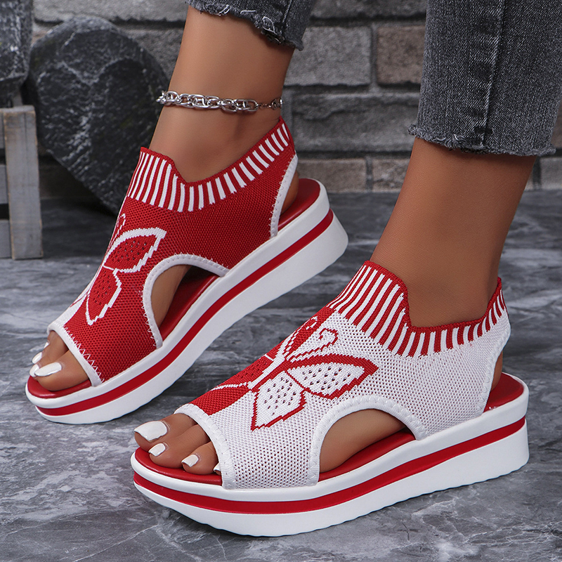 Women's Butterfly Print Knit Slip On Platform Wedge Sandals Open Toe Cutout Casual Shoes