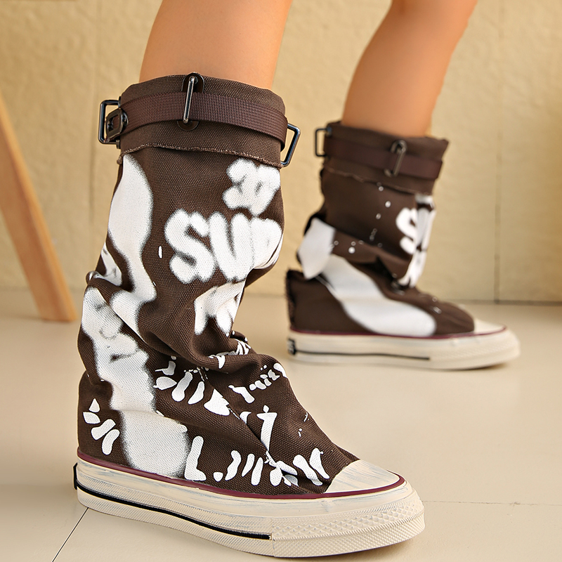Women's Graffiti-Print Foldable Canvas Mid-Calf Boots