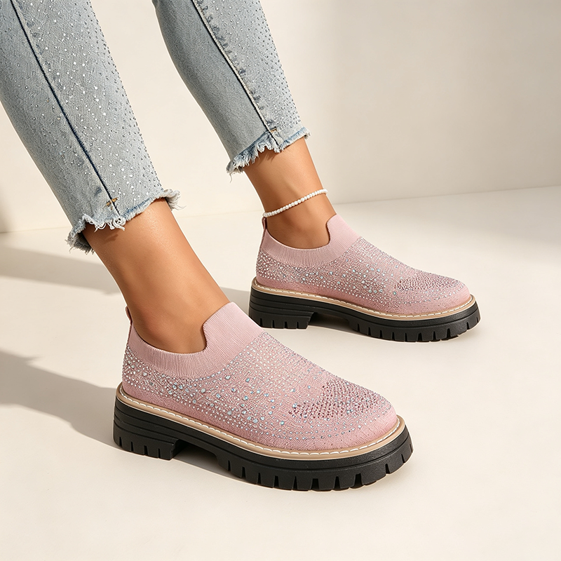 Women's Sparkling Rhinestone Knit Slip-On Loafers with Mesh and Block Heels