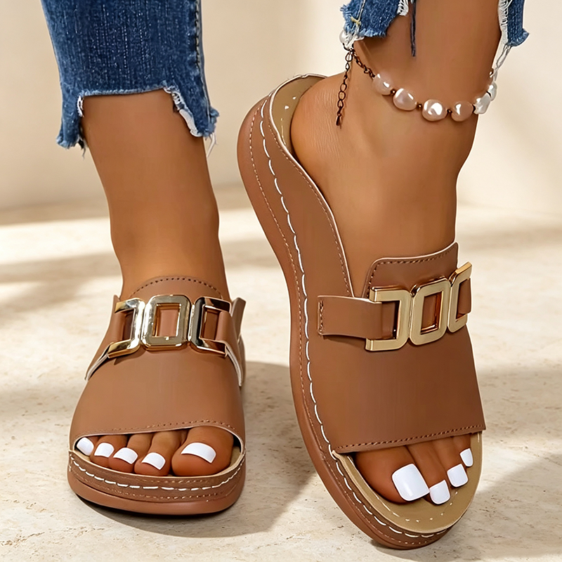 Women's Casual Platform Open-Toe Sandals with Metal Buckle