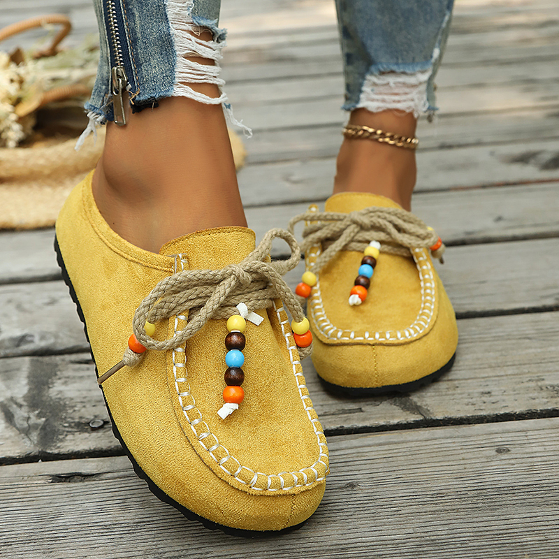 Women's Bohemian Beaded Lace-Up Flat Mules