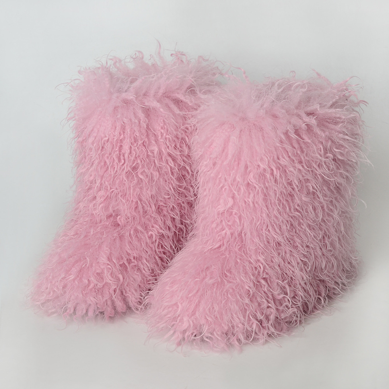 Women's fluffy curly-fur mid-calf boots