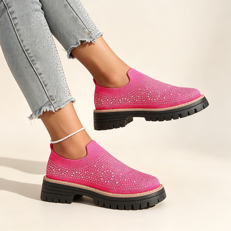 Women's Sparkling Rhinestone Knit Slip-On Loafers with Mesh and Block Heels