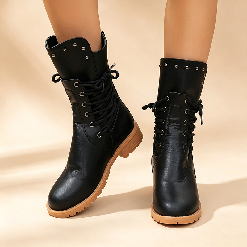 Women's Vintage Studded Lace-Up Mid-Calf Boots