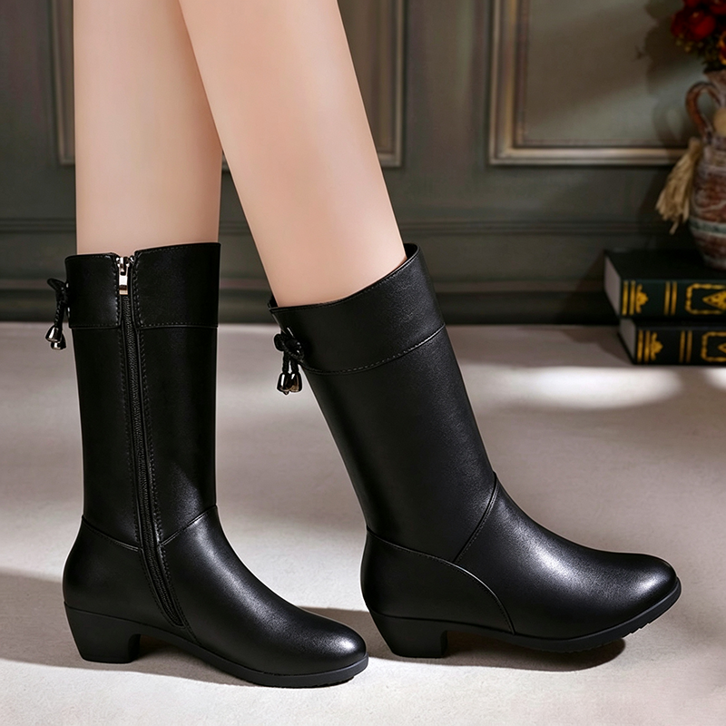Women's mid-calf low-heel boots with fleece lining