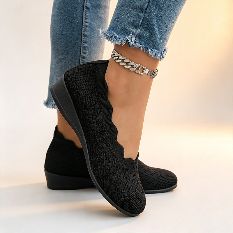 Women's Ruffled Knit Flats – Breathable Mesh Slip-Ons