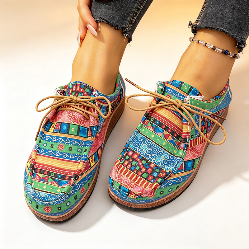 Women's Bohemian Geometric Print Lace-Up Canvas Shoes