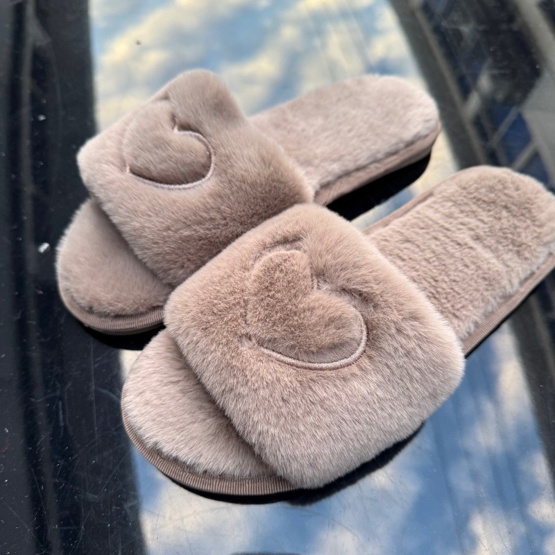 Women's Heart-Embroidered Open-Toe Plush Slippers
