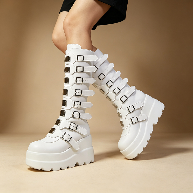 Women's multi-buckle platform high-shaft boots