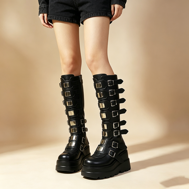 Women's multi-buckle platform high-shaft boots