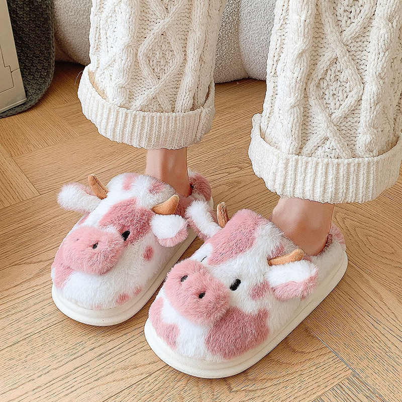Women's Cute Cow-Themed Plush Slippers