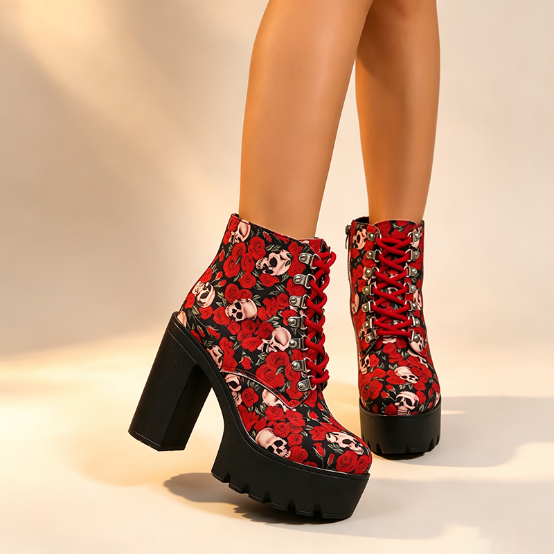 Women's Skull and Rose Print Platform Ankle Boots