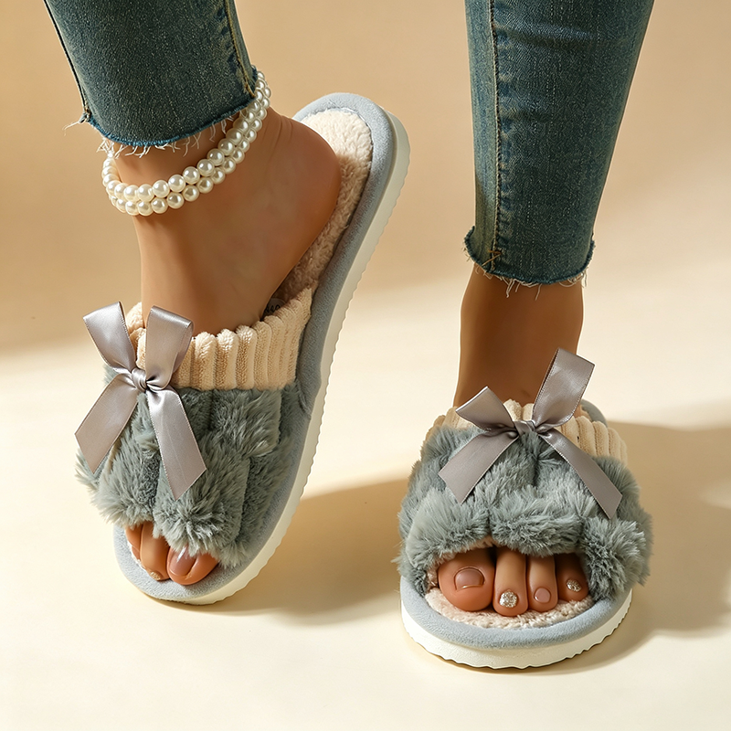 Women's Plush Color-Block Bow Slippers