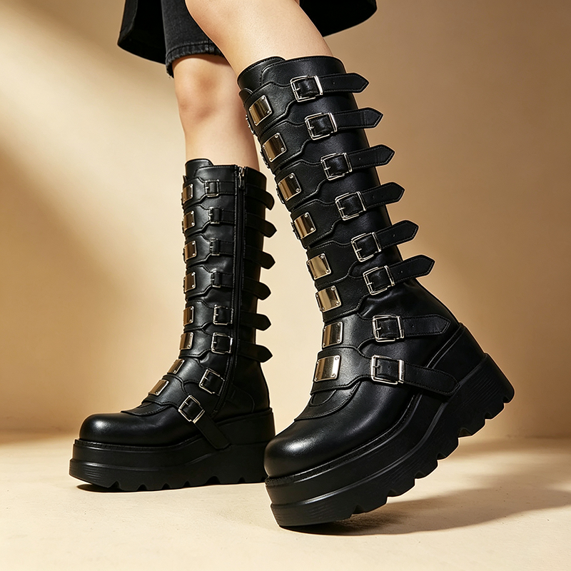 Women's multi-buckle platform high-shaft boots