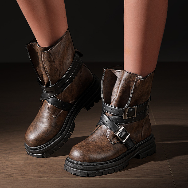 Women's Retro Buckle-Strap Platform Boots