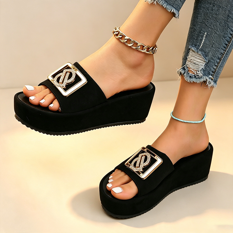 Women's Glitter Wedge Slides with Exquisite Metal Buckle Detail