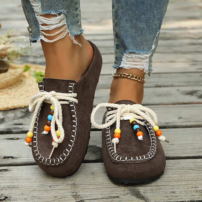 Women's Bohemian Beaded Lace-Up Flat Mules
