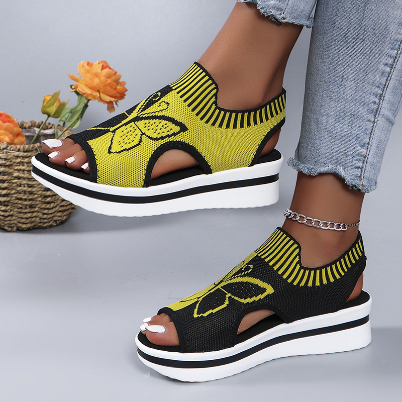 Women's Butterfly Print Knit Slip On Platform Wedge Sandals Open Toe Cutout Casual Shoes