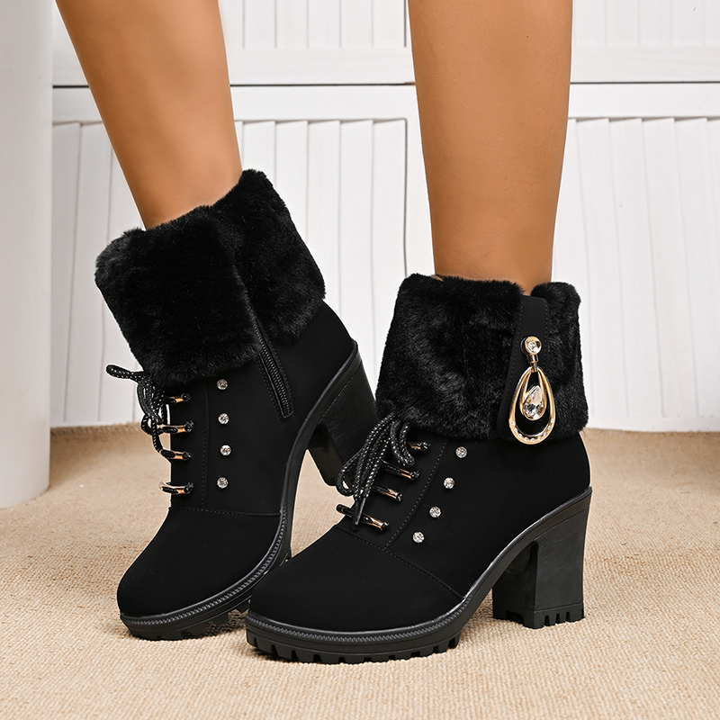 Women's Warm Rhinestone Block-Heel Boots with Side Zipper
