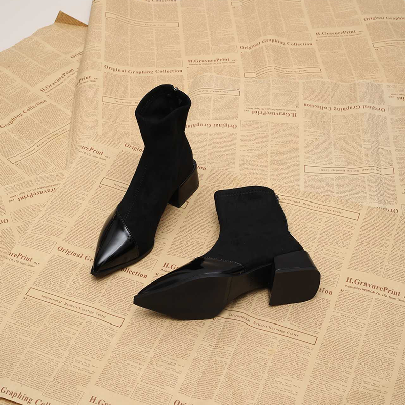 Pointed Toe Patchwork Block Heel Ankle Boots