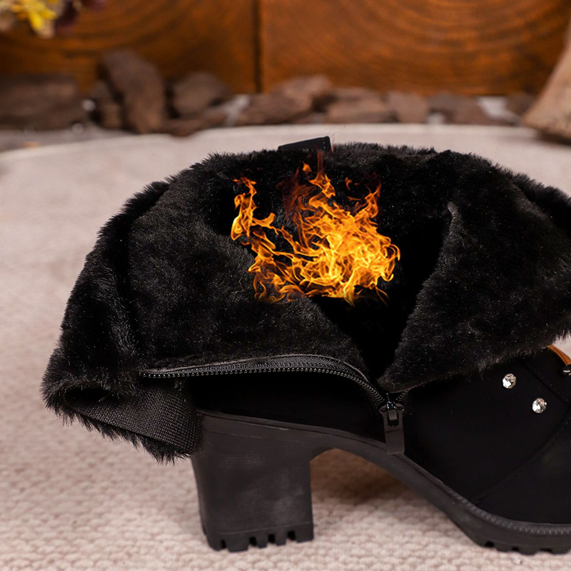 Women's Warm Rhinestone Block-Heel Boots with Side Zipper