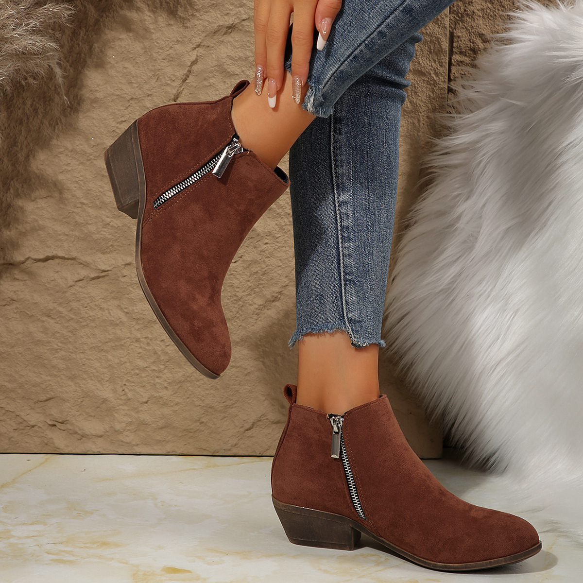 Side Zipper Block Heel Ankle Boots