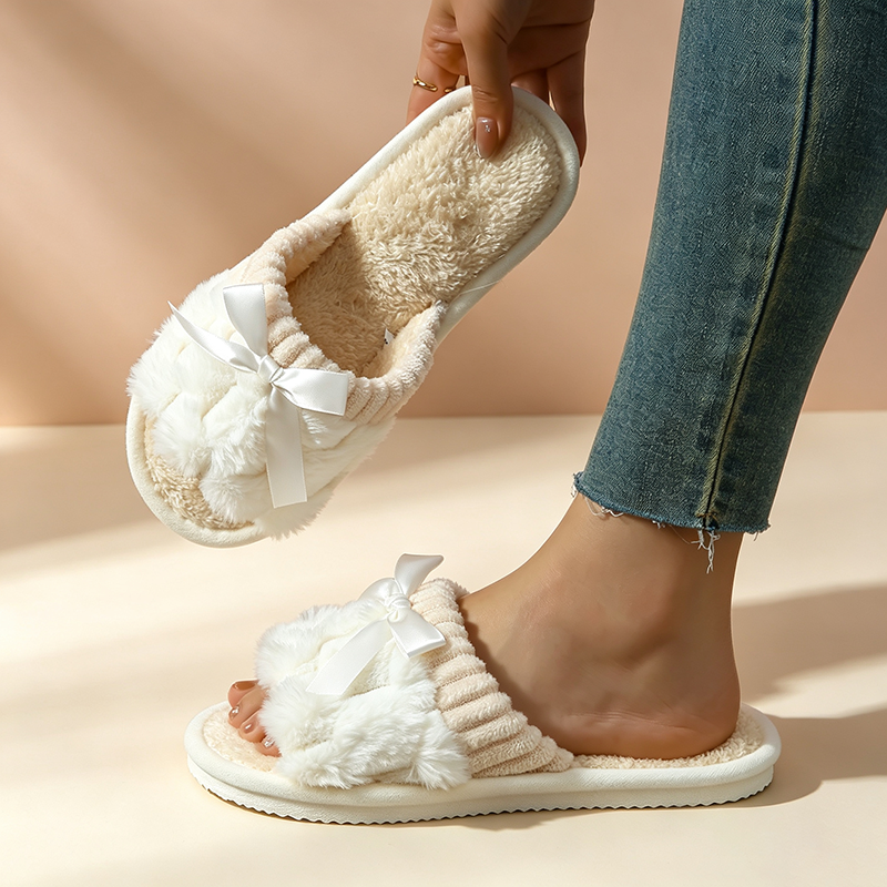 Women's Plush Color-Block Bow Slippers
