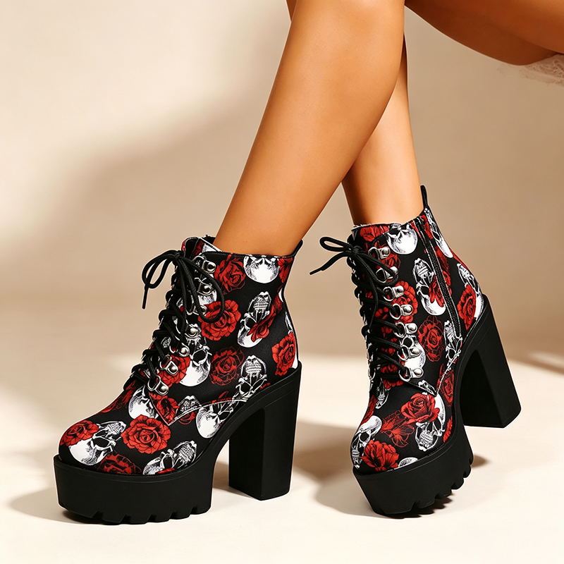 Women's Skull and Rose Print Platform Ankle Boots