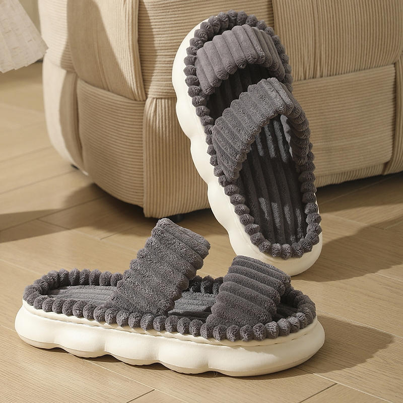 Women's Striped Plush Open-Toe Cloud-Like Indoor Slippers