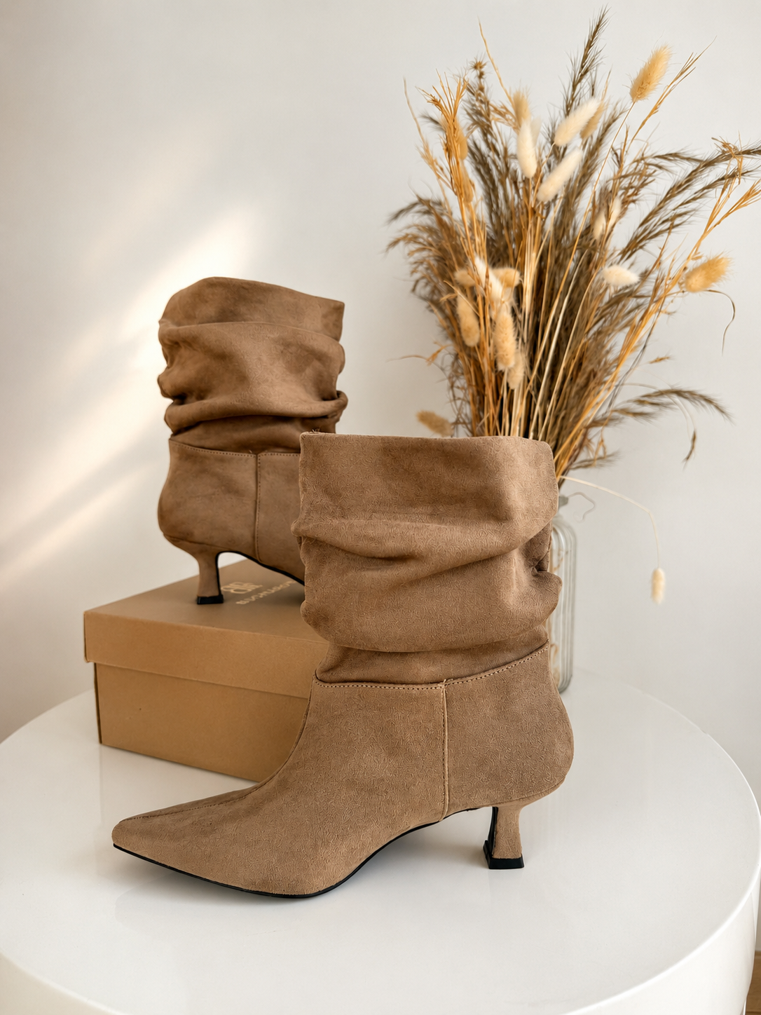 Khaki slouchy kitten-heel boots