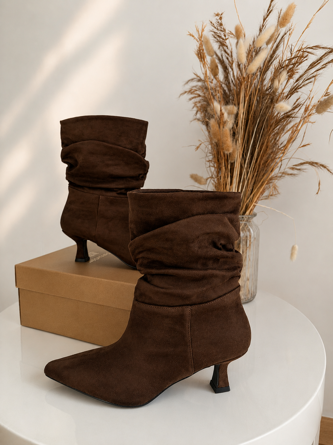 Dark brown slouchy kitten-heel boots