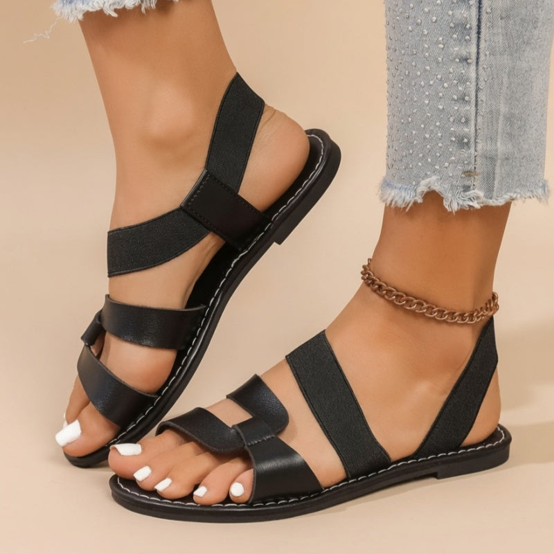Women's Elastic Strap Flat Sandals – Open-Toe Casual Roman Sandals with Back Strap
