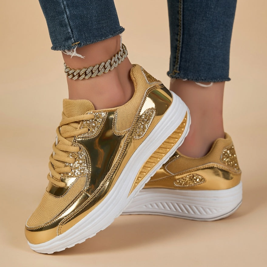 Women's gold sequined wedge platform sneakers