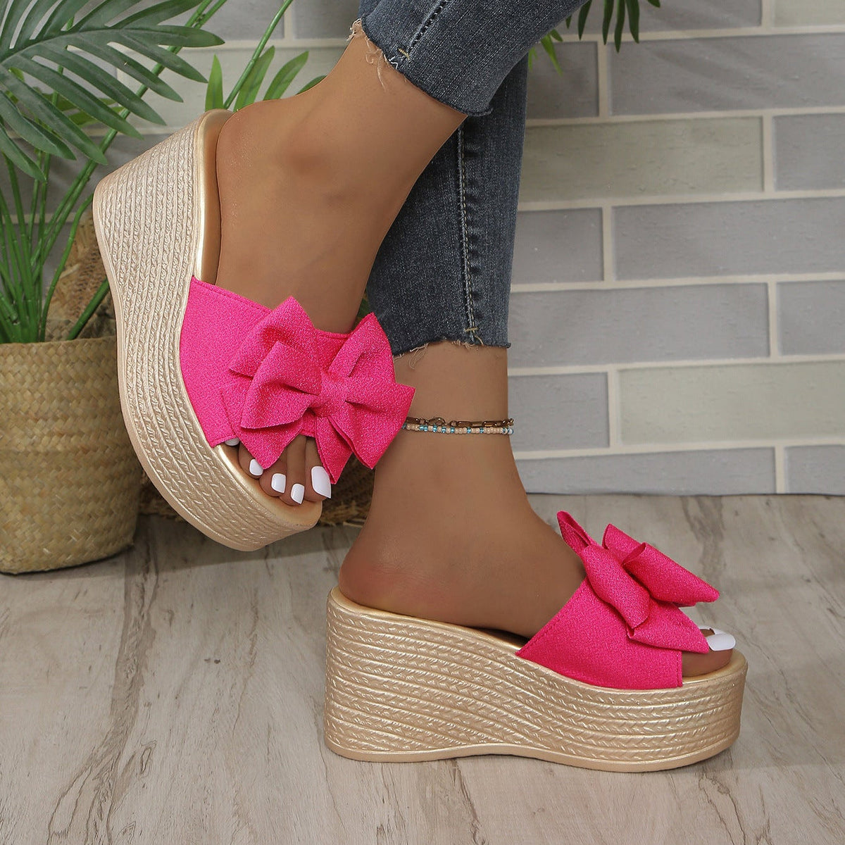 Women's Platform Wedge Sandals with Big Bow - Sparkly Open Toe Summer Slides