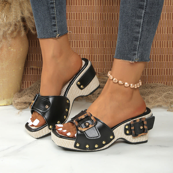 Women's Leopard Woven-Heel Peep-Toe Platform Mules