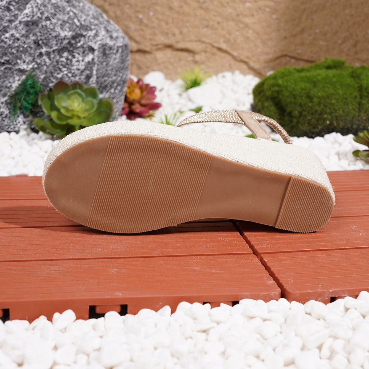 Rhinestone Wedge Flip Flop Sandals with Ankle Strap