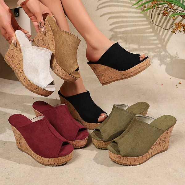 Women's Open-Toe Cork Platform Wedge Mules