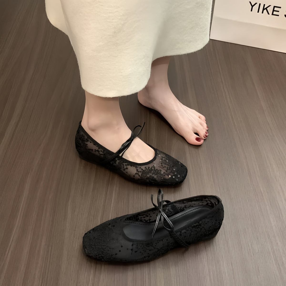 Elegant Lace Mesh Mary Jane Flats with Bow - Square Toe Ballet Shoes