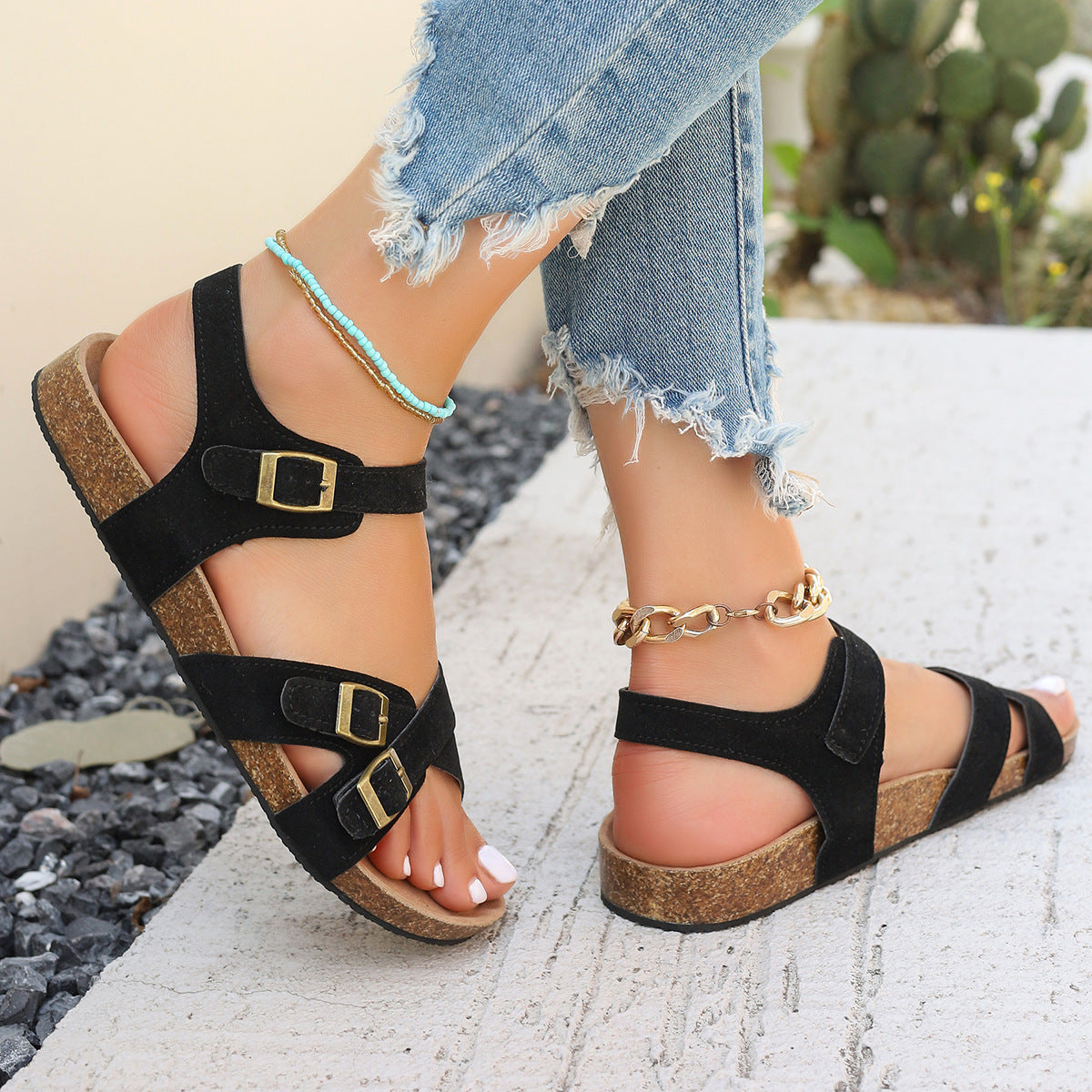 Women's Casual Cork Platform Sandals - Cross Strap Buckle Suede Sandals