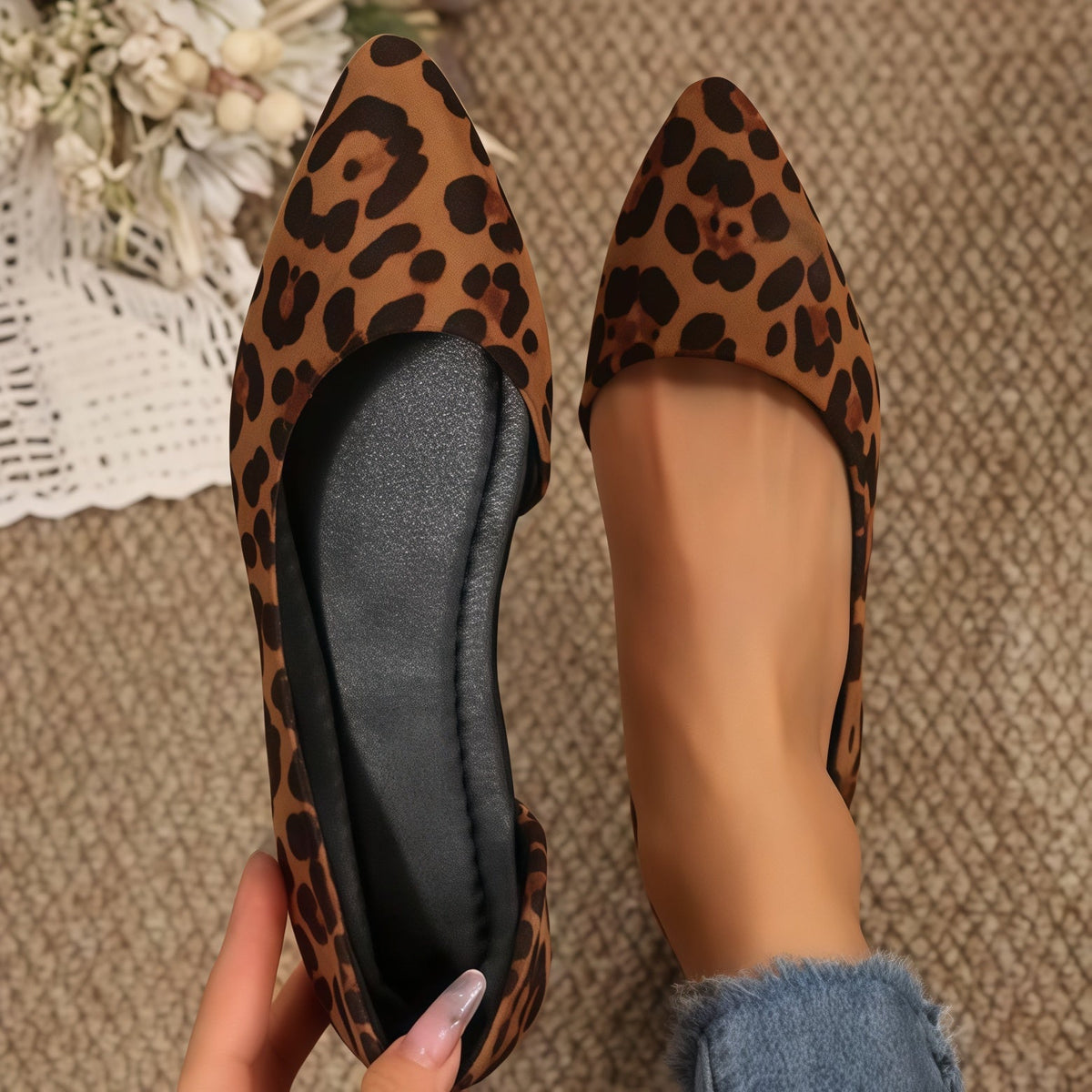 Women's Pointed Toe Leopard Print D'Orsay Slip-On Flats – Comfort Casual Ballet Shoes