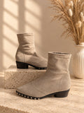 Beige stretch sock ankle boots with studded sole