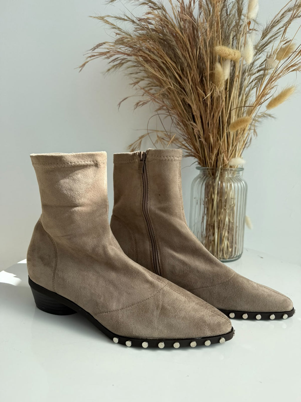 Women's Stretch Sock Ankle Boots with Studded Sole – Beige